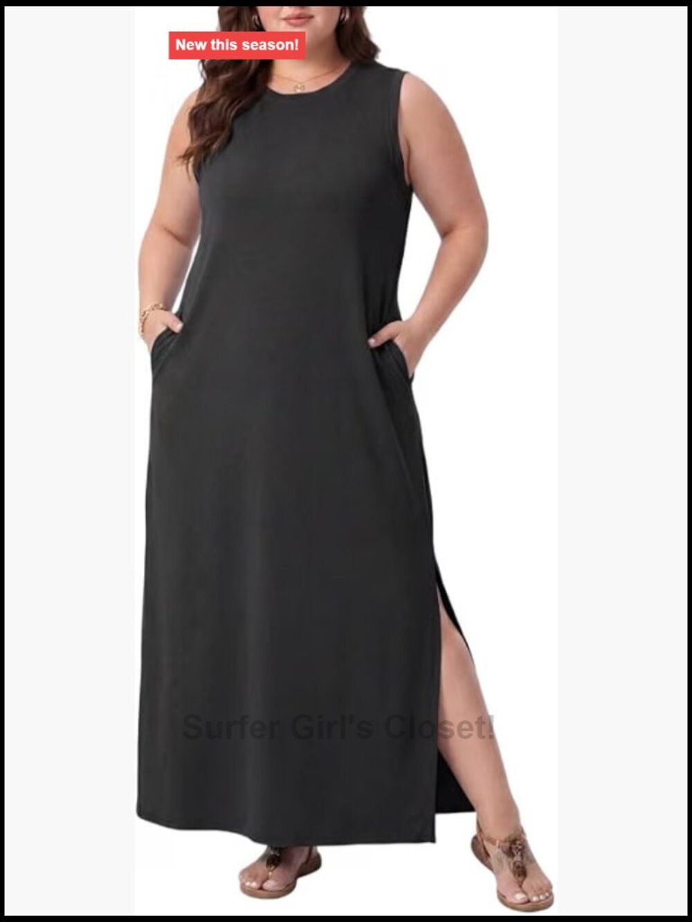 Plus Size Sleeveless Maxi Dress Summer Casual Side Slit Crew Neck Sundress Long